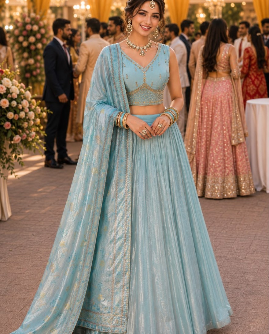 BLUE - Aqua Blue Tissue Readymade Lehenga Choli with Embroidered and Zari Work